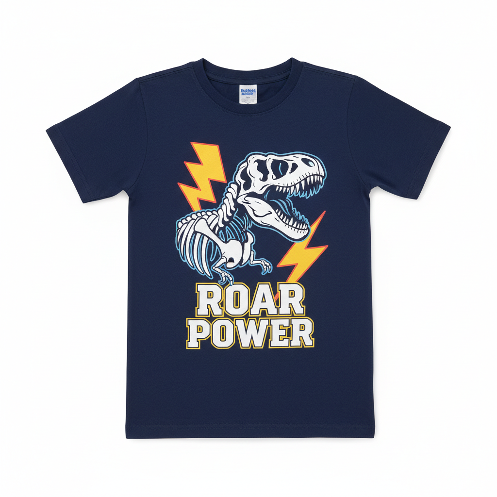 Boys Navy Blue Dinosaur T-Shirt flat lay on white background