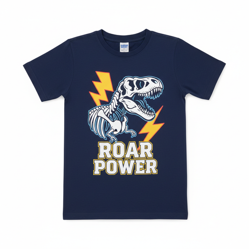 Boys Navy Blue Dinosaur T-Shirt flat lay on white background