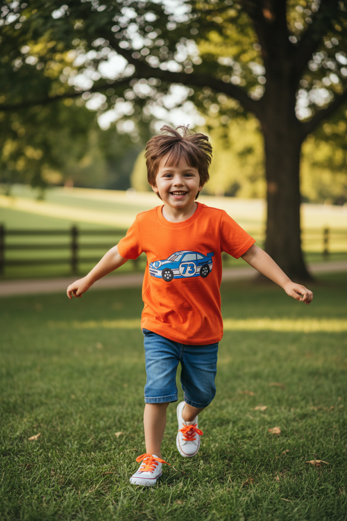 Boy wearing Orange Racing Car T-Shirt outdoors