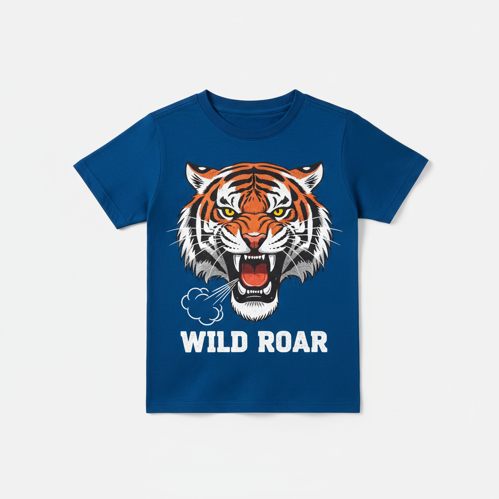 Boys Blue Tiger T-Shirt flat lay on white background
