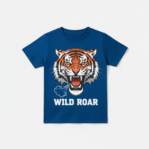 Boys Blue Tiger T-Shirt flat lay on white background