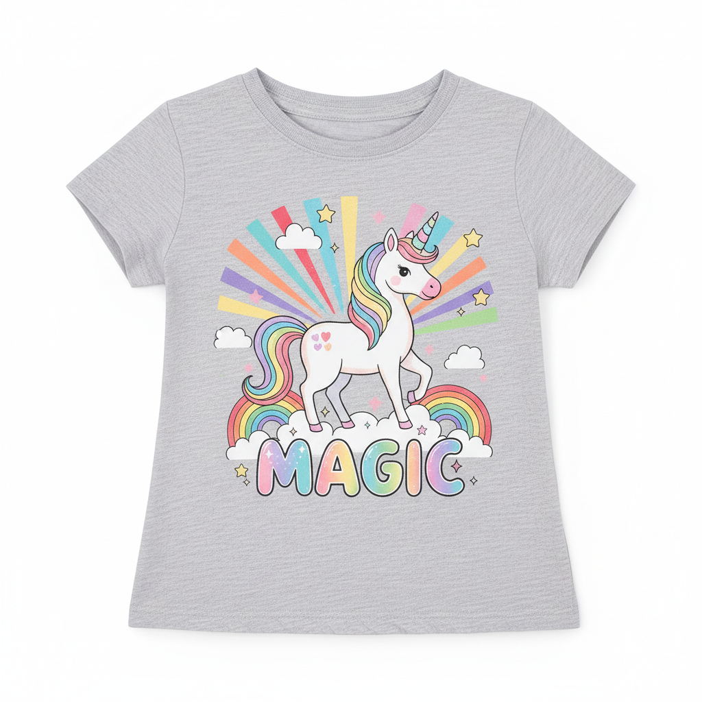 Girls Unicorn Graphic Tee with colorful magical unicorn design