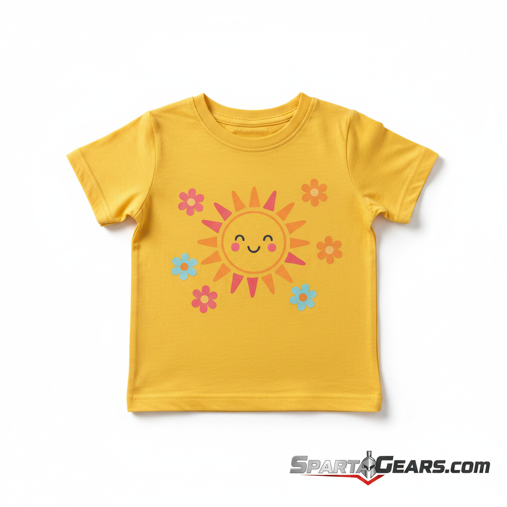Girls Yellow Sunshine T-Shirt flat lay with SpartaGears.com logo