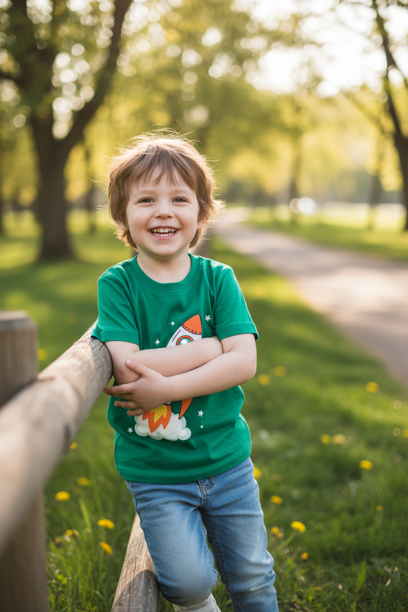 Boy wearing Green Space Rocket T-Shirt outdoors