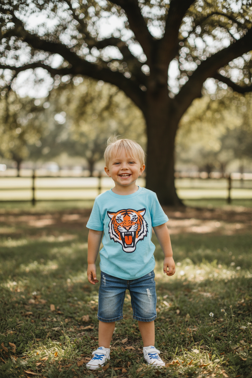 Boy wearing Blue Tiger T-Shirt outdoors