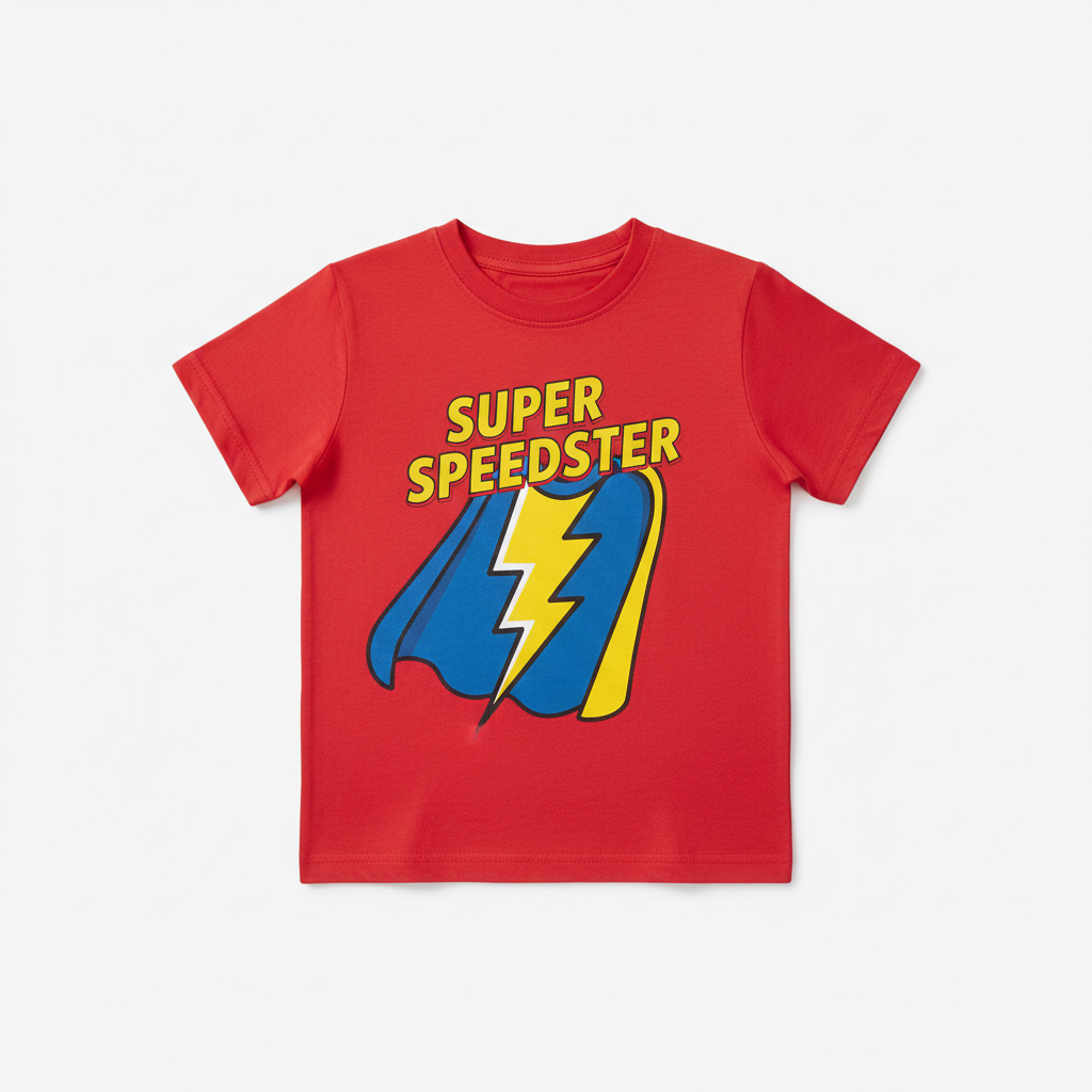 Boys Red Superhero T-Shirt flat lay on white background