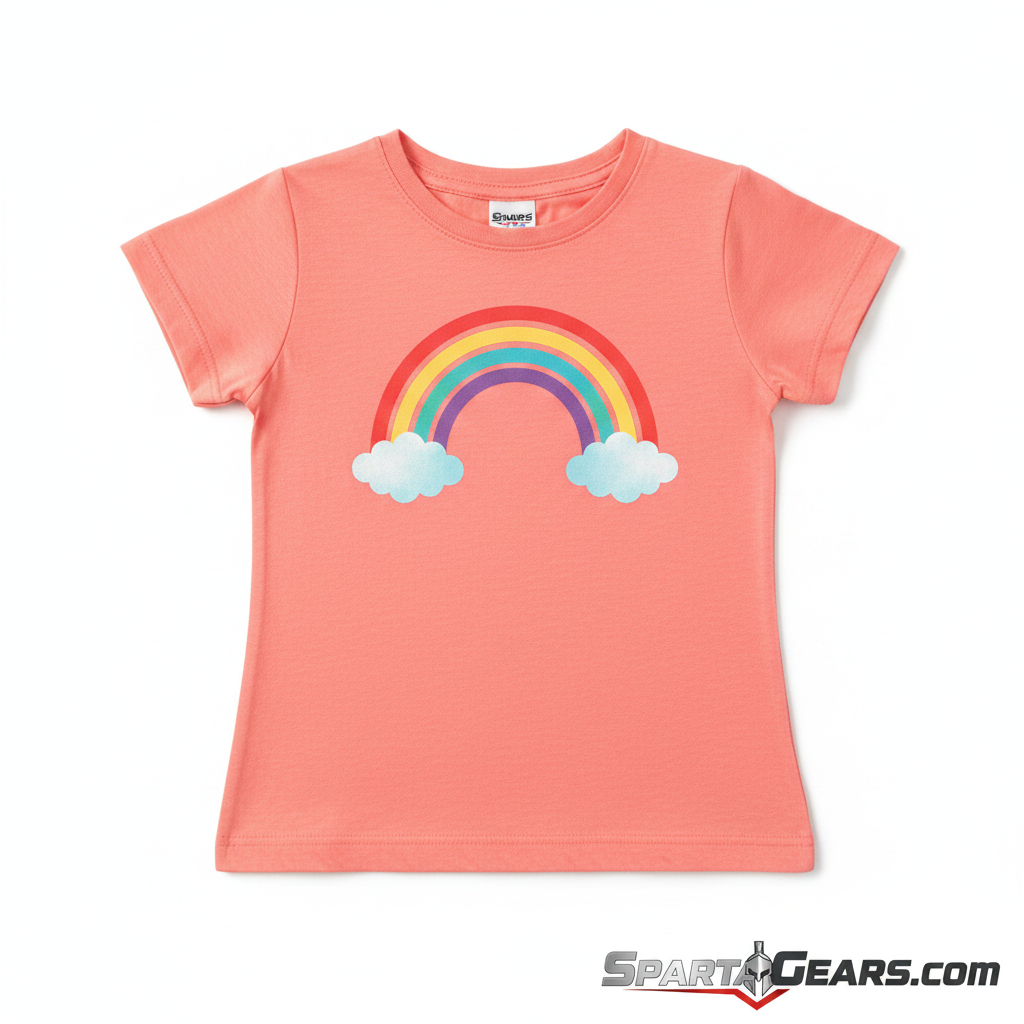 Girls Coral Rainbow T-Shirt flat lay with SpartaGears.com logo