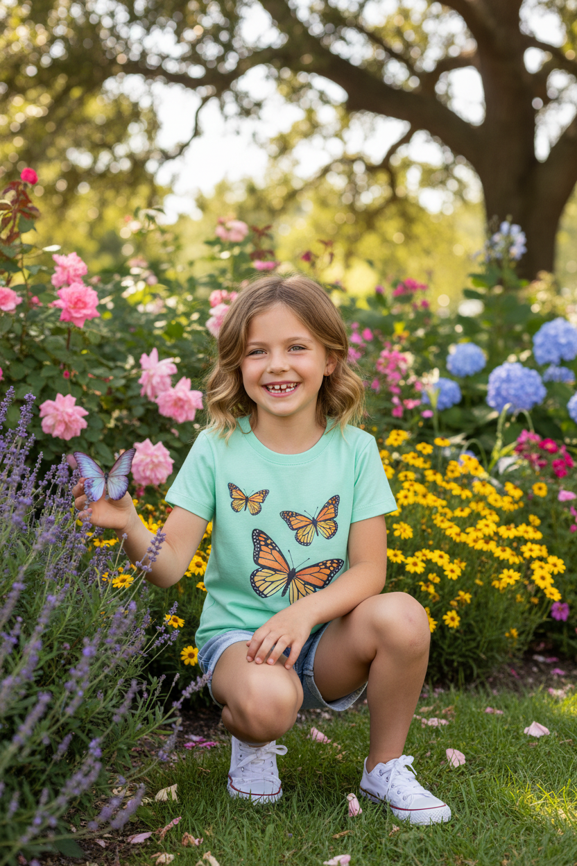 Girl wearing Mint Green Butterfly T-Shirt outdoors