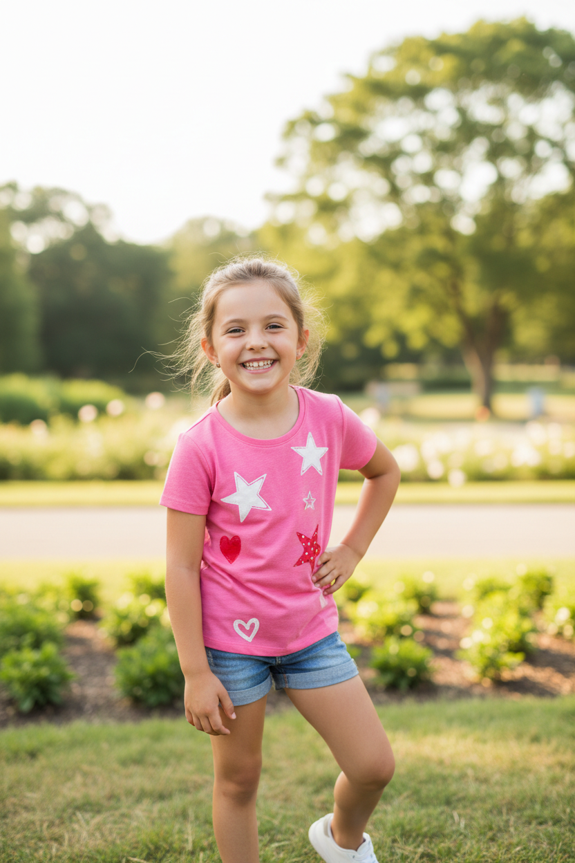 Girl wearing Pink Stars and Hearts T-Shirt outdoors