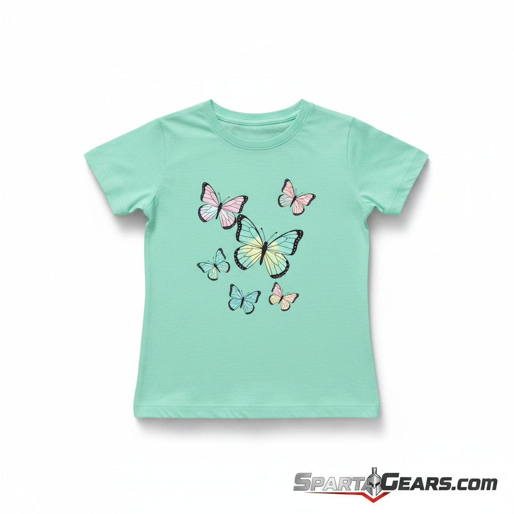 Girls Mint Green Butterfly T-Shirt flat lay with SpartaGears.com logo