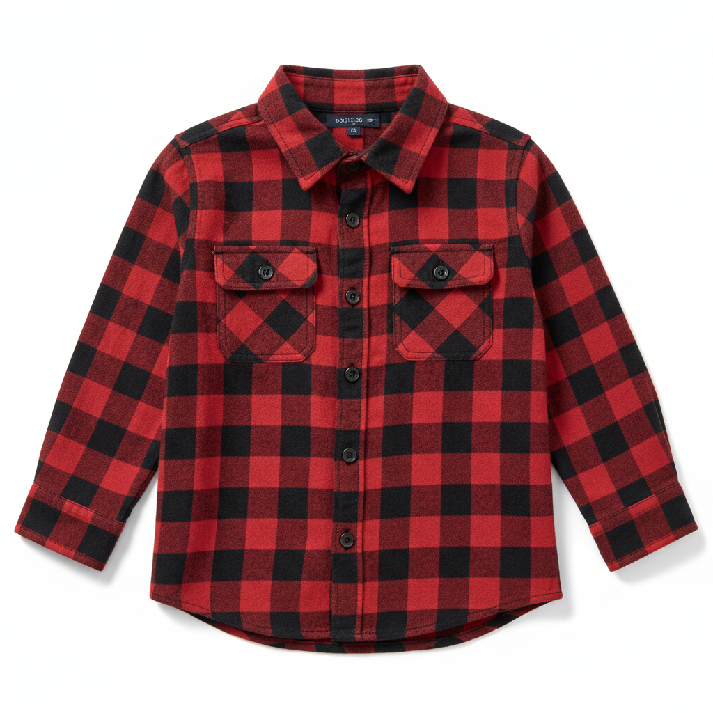 Boys Plaid Flannel Shirt in red and black plaid pattern