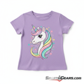 Girls Purple Unicorn T-Shirt flat lay with SpartaGears.com logo