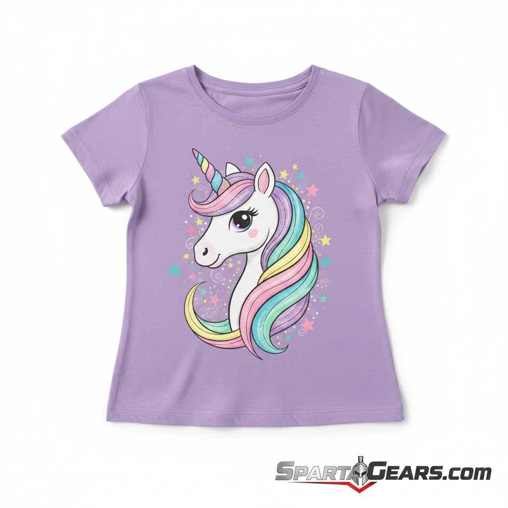 Girls Purple Unicorn T-Shirt flat lay with SpartaGears.com logo
