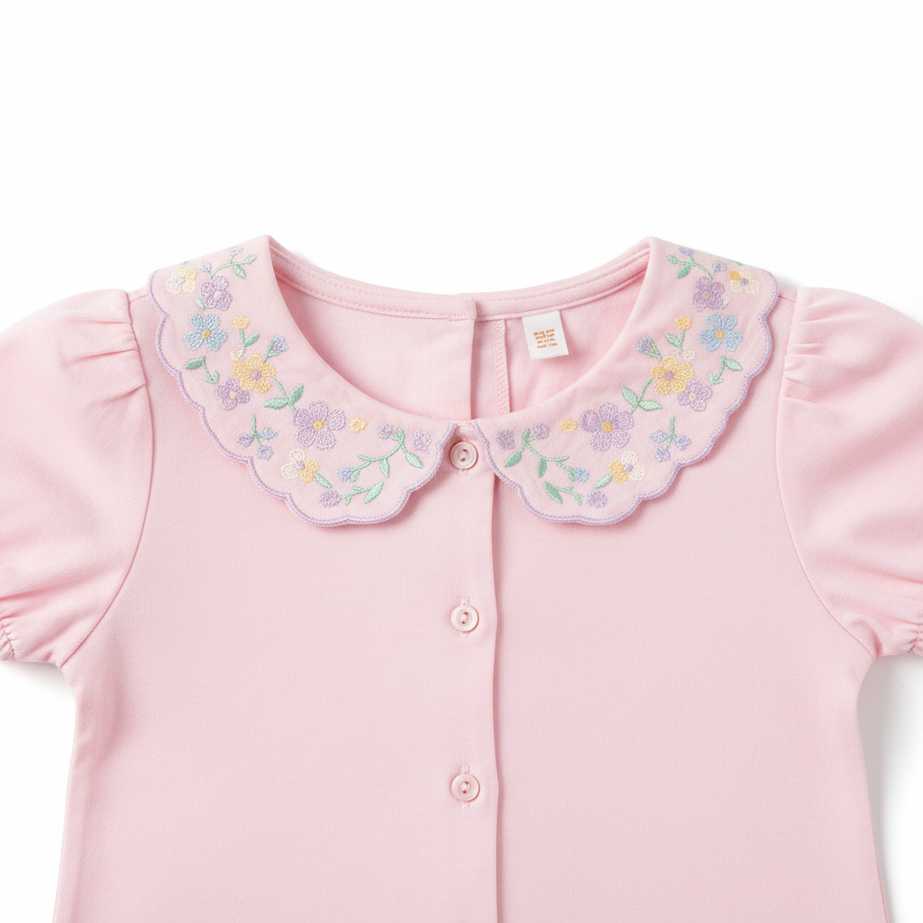 Girls Embroidered Collar Shirt with delicate floral embroidery on collar