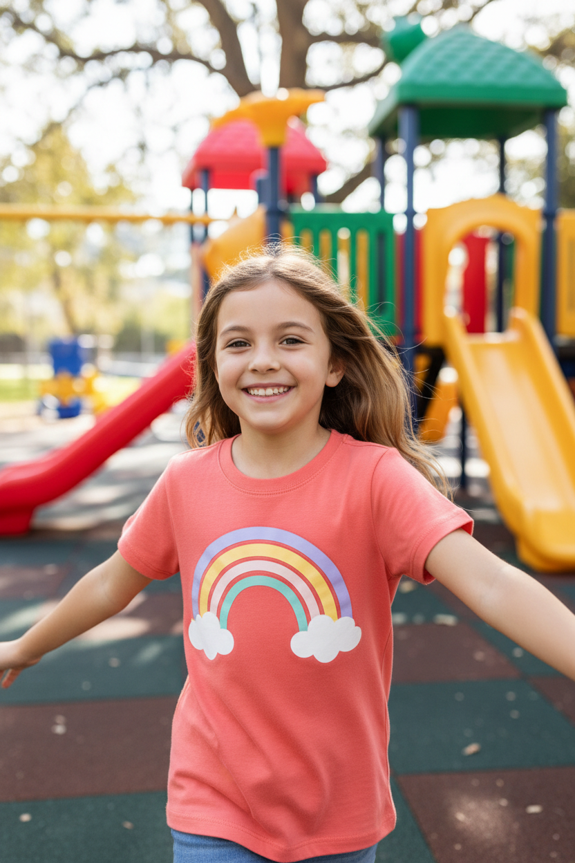 Girl wearing Coral Rainbow T-Shirt at playground