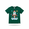 Boys Green Space Rocket T-Shirt flat lay on white background
