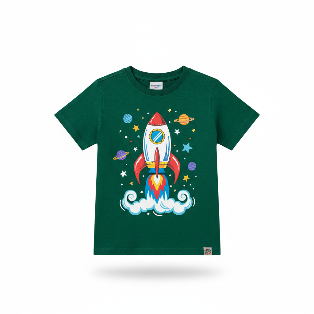 Boys Green Space Rocket T-Shirt flat lay on white background
