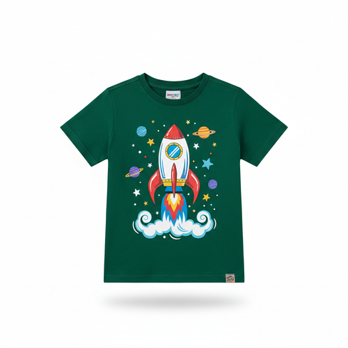 Boys Green Space Rocket T-Shirt flat lay on white background