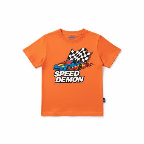 Boys Orange Racing Car T-Shirt flat lay on white background