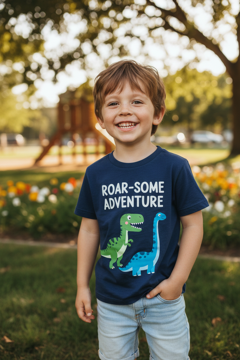 Boy wearing Navy Blue Dinosaur T-Shirt outdoors
