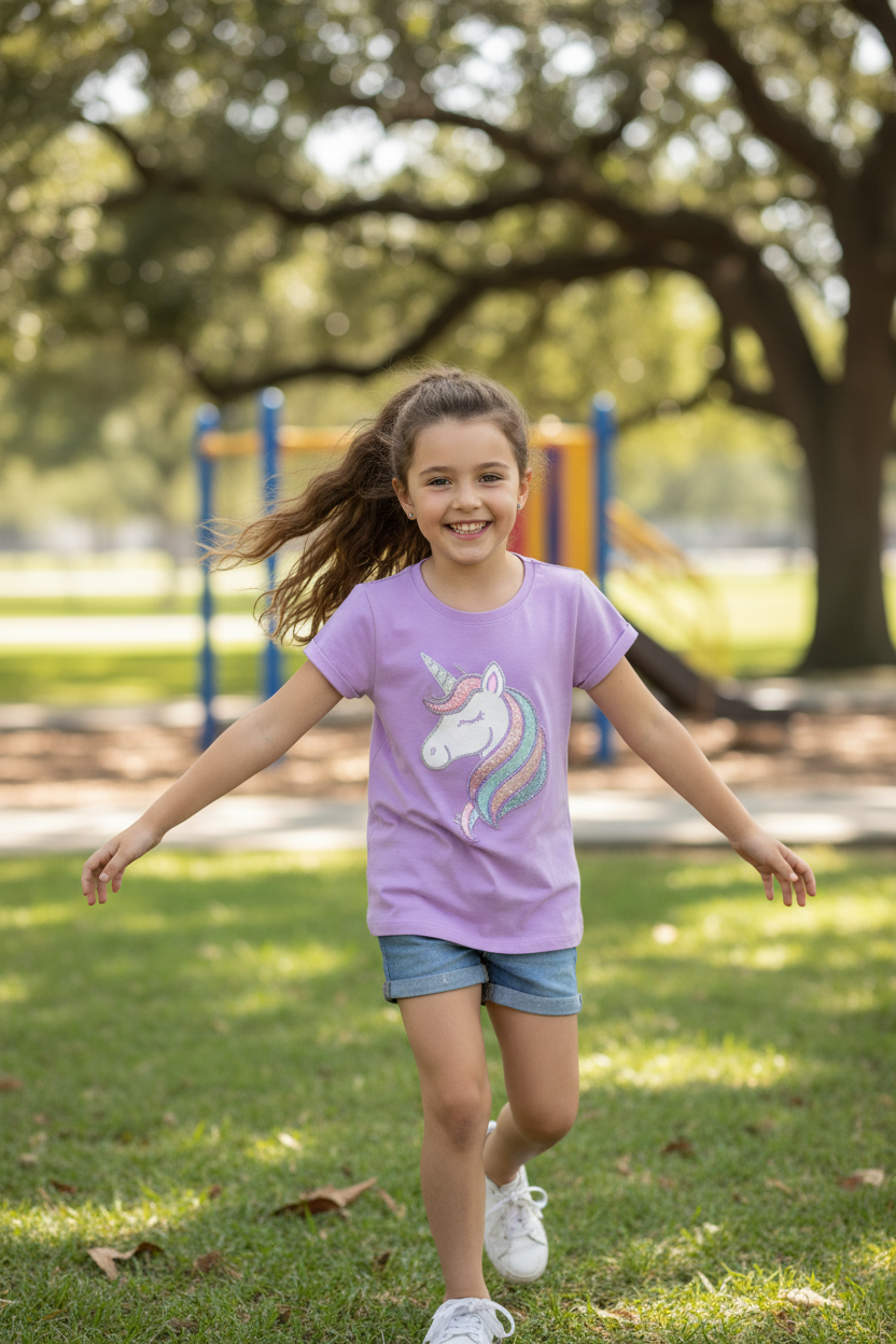 Girl wearing Purple Unicorn T-Shirt outdoors