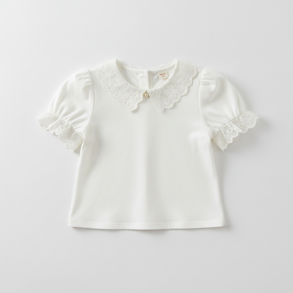 Girls Lace Trim Blouse in white with delicate lace detailing at collar and cuffs
