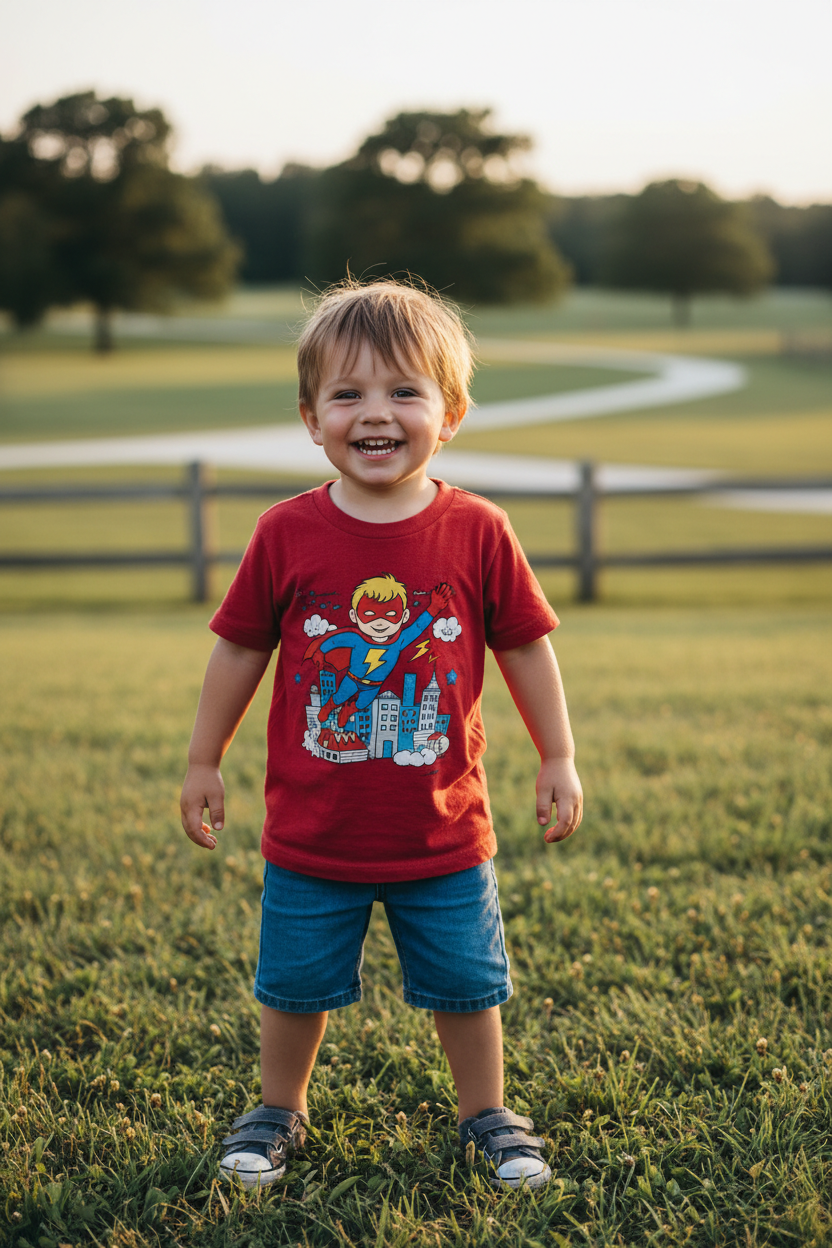 Boy wearing Red Superhero T-Shirt outdoors