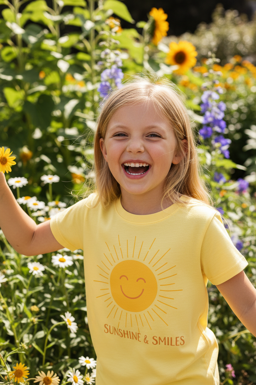 Girl wearing Yellow Sunshine T-Shirt outdoors